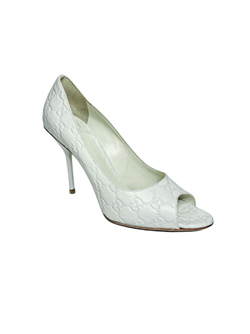 Gucci Guccissima Aleppo Peep Toe Pumps EU 41 White Double GG Monogram Heels